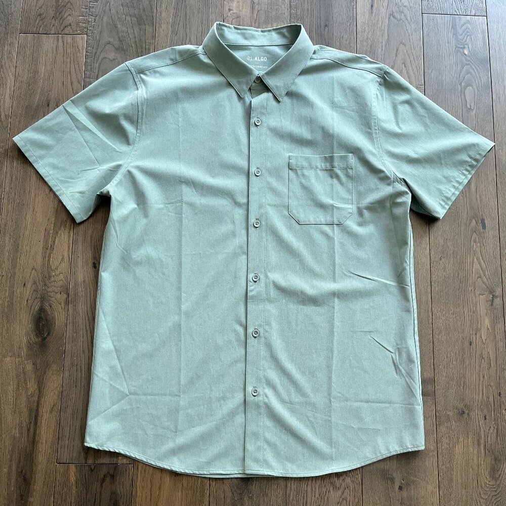 01.Algo Performance Stretch Button Up Shirt Short Sleeve Sage Green Size L UPF